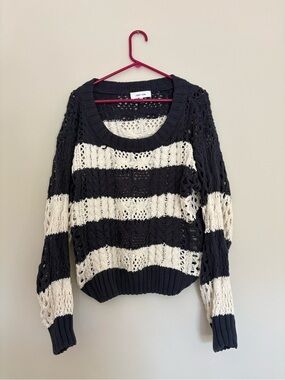 John + Jenn Navy and Cream Striped Open-Knit Sweater